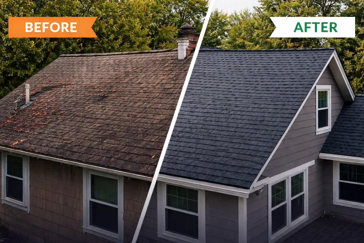 Illustration: a worn asphalt roof next to the same house after a full shingle replacement.